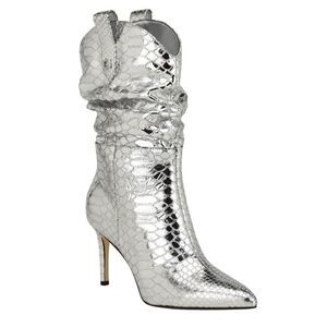 GUESS Boots Size 6 Silver Leather Upper Fashion Boot Stiletto Heel Mid Calf